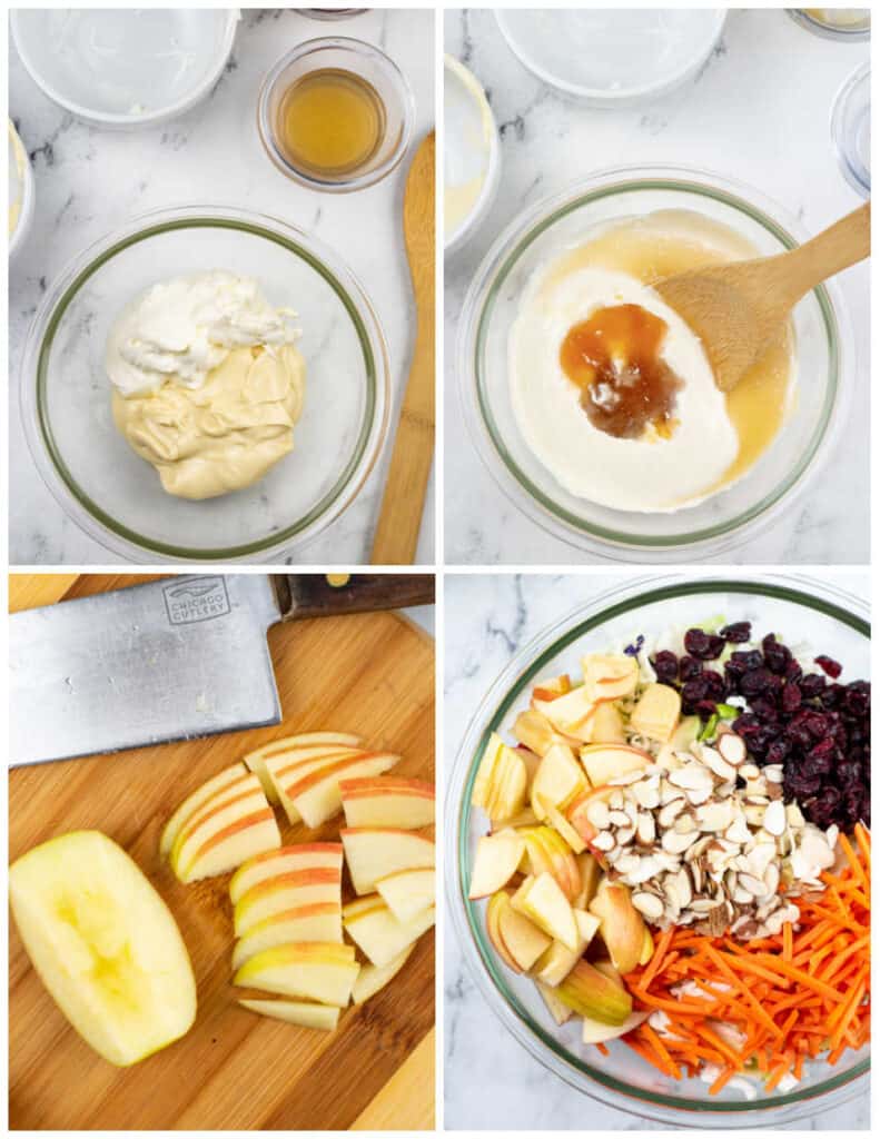 A series of four pictures showing how to make cranberry apple coleslaw. In the first mayonnaise and sour cream have been placed in a small bowl, in the second honey and apple cider vinegar have been added. In the third apples have been thinly chopped and in the fourth all of the coleslaw ingredients have been added to a large bowl. 