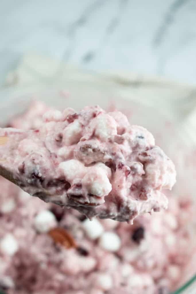 A close up of a wooden spoon with cranberry fluff on it. 