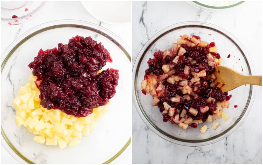 a collage of two pictures one showing pineapple tidbits and cranberry sauce in a bowl. In the second bowl they have been mixed together with a wooden spoon. 