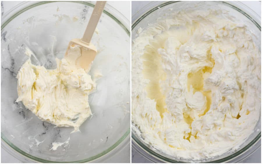 A collage of two pictures showing the making of cream cheese whipped cream. In the first picture cream cheese has been whipped, in the second cream has been added and whipped into stiff peaks. 
