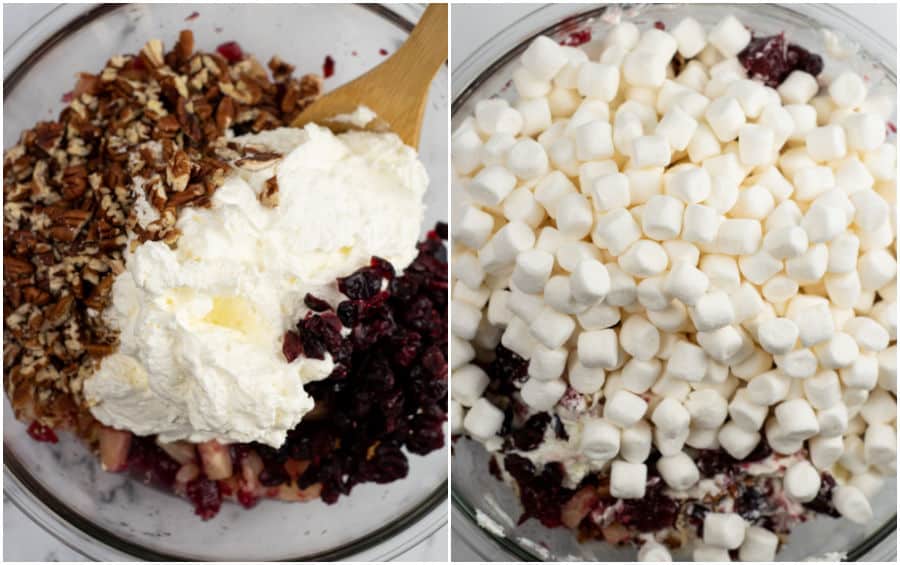 A collage of two pictures showing the making of cranberry fluff. In the first pecans, dried cranberries, and whipped cream are on top of the bowl. In the second marshmallows have been added. 