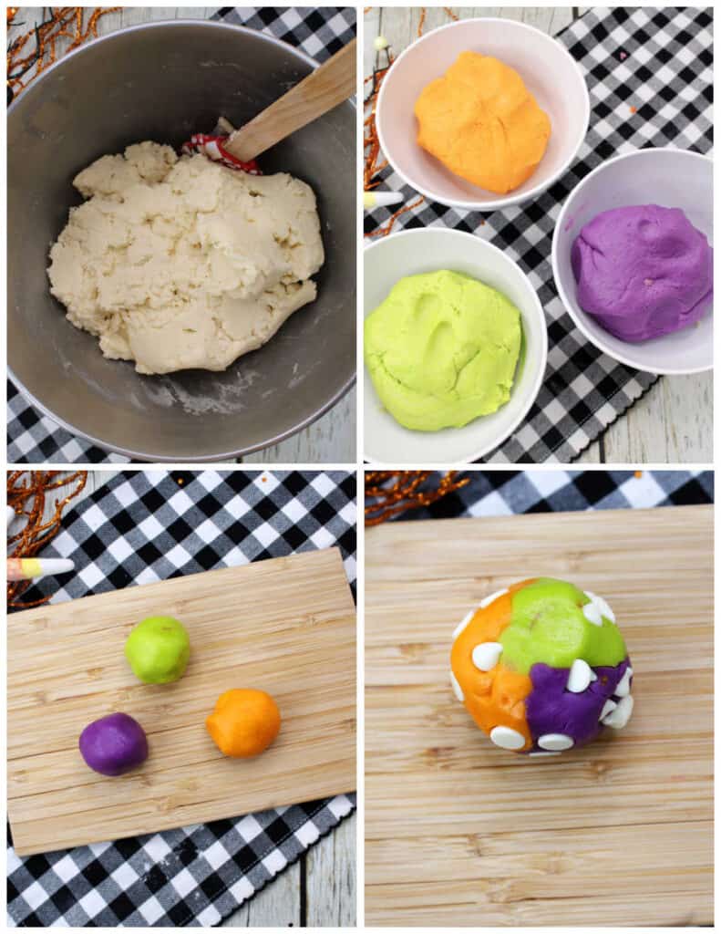 a collage showing the steps to make Hocus Pocus cookies. The first picture shows white cookie dough in a metal mixing bowl. In the second the cookie dough has been divided into 3 bowls and colored orange purple and green. In the third three balls of the colored dough have been placed on a wooden chopping block. And in the fourth the dough has been pressed together and white chocolate chips have been added. 