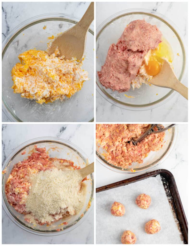 A collage of four pictures showing how to make keto sausage balls. In the first shredded cheddar cheese and cream cheese have been mixed together in a glass mixing bowl with a wooden spoon. In the next picture sausage and an egg have been added to the bowl. In the third picture almond flour, baking soda and garlic powder have been added, and in the final picture the mixture has been scooped out into balls on a parchment lined baking sheet. 