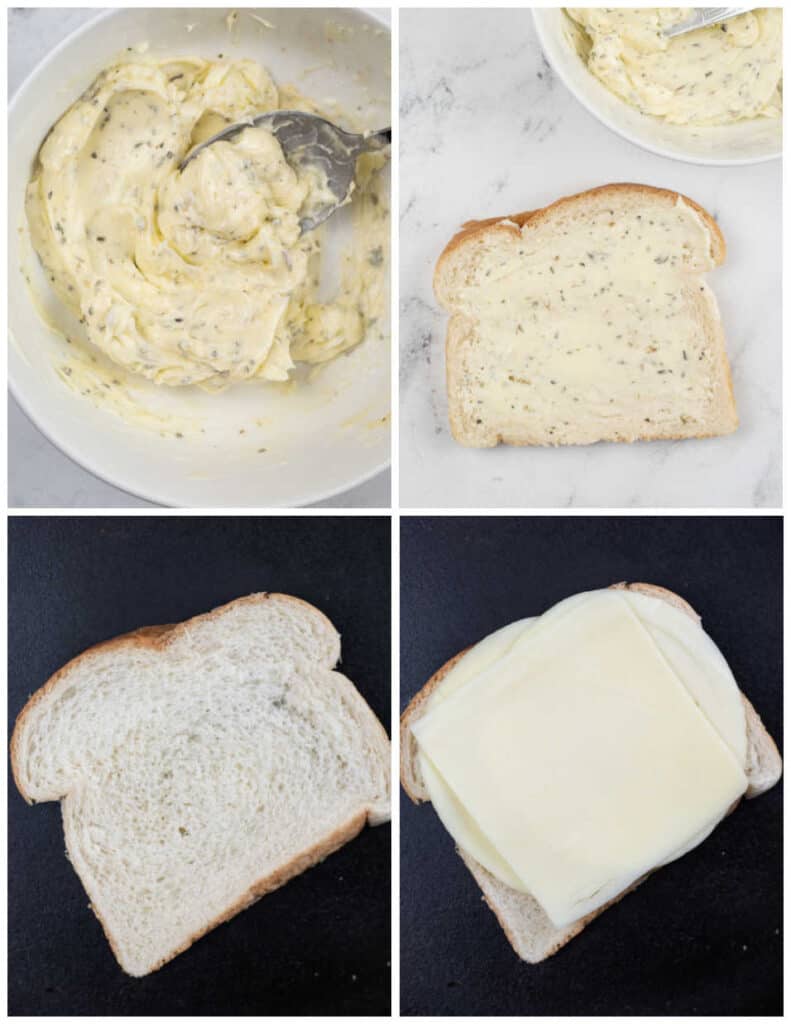 A collage of pictures showing how to make a pizza grilled cheese sandwich. In the first picture butter and seasonings have been mixed in a small bowl. In the second the butter has been spread on a piece of bread. In the third the bread has been placed butter side down in a cast iron skillet and in the fourth cheese slices have been placed on the bread. 