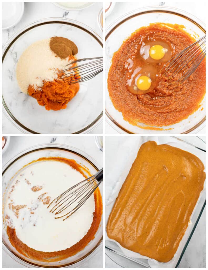A collage of four pictures showing how to make the pumpkin filling for pumpkin cheesecake bars. The first picture shows a glass mixing bowl with pumpkin, pumpkin pie spice and sugar in it. In the second they have been mixed together and two eggs have been added, in the third picture cream has been added and in the fourth the pumpkin mixture has been poured over the graham cracker crust. 