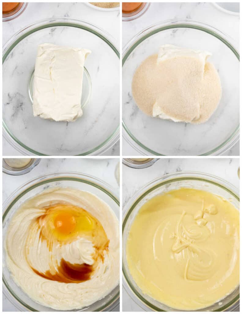 A collage of four pictures showing how to make the cheesecake layer for pumpkin cheesecake bars. The first picture shows a glass mixing bowl with a brick of cream cheese in it in the second sugar has been added. In the third the cream cheese and sugar have been blended and an egg and vanilla have been added.  And the fourth shows the cheesecake mixture completed. 