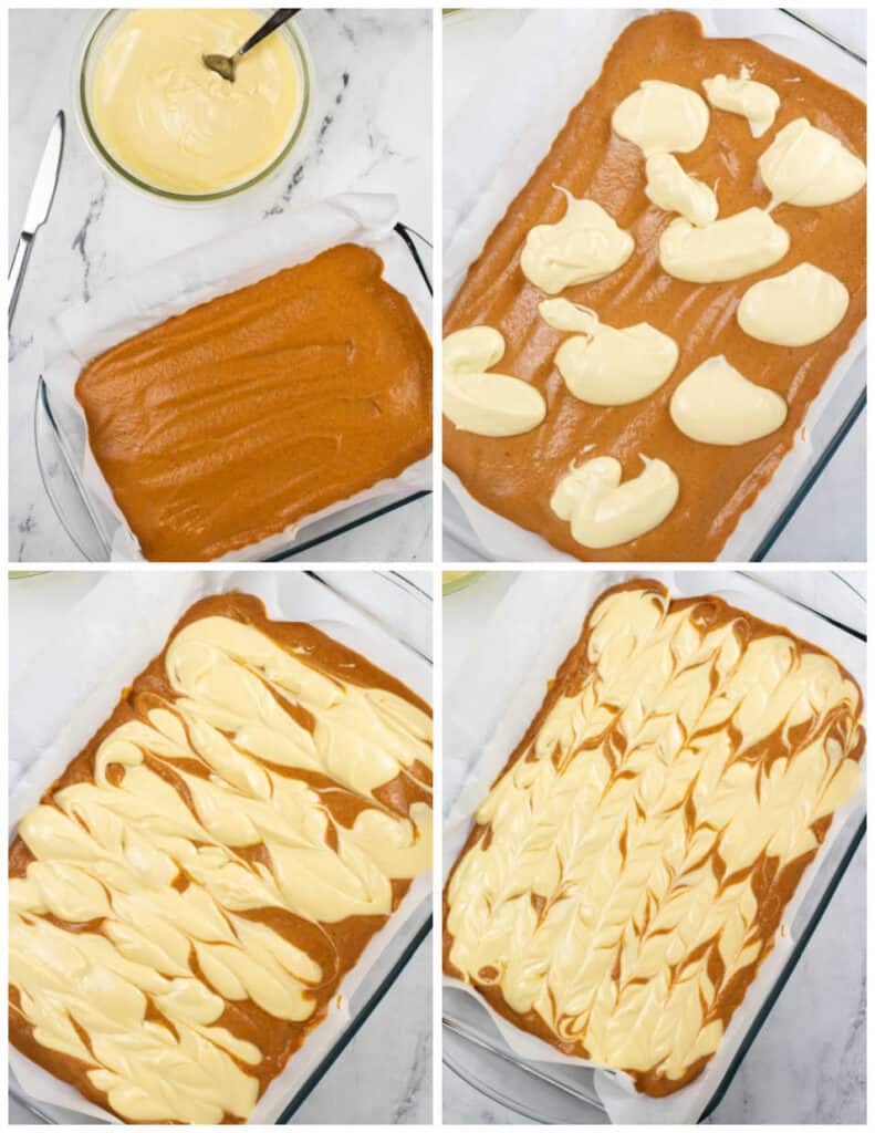 A collage of four pictures showing how to swirl the cheesecake mixture through the pumpkin for pumpkin cheesecake bars. The first picture shows a 9x13 in pan full of pumpkin pie mixture with a bowl full of cheesecake mixture next to it. In the second the cheesecake batter has been spooned across the pumpkin. In the third the cheesecake mixture has been swirled across the pan and in the fourth it has been swirled lengthwise across the pan. 