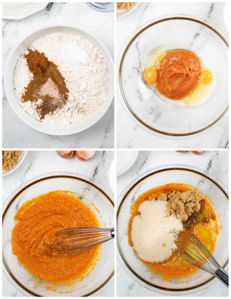 A collage of four pictures showing how to make pumpkin pound cake. In the first flour, baking powder, baking soda and spices have been combined in a white bowl. In the second picture eggs and pumpkin are in a glass mixing bowl, the next picture shows them whisked together. In the fourth picture melted butter, white sugar, and brown sugar have been added. 