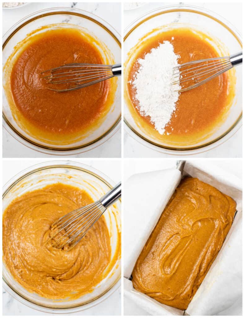 A collage of four pictures showing the making of pumpkin pound cake. The first one shows a glass mixing bowl with a whisk filled with a pumpkin batter, In the second flour has been added, in the third the flour has been incorporated and in the fourth the batter has been poured into a loaf pan. 