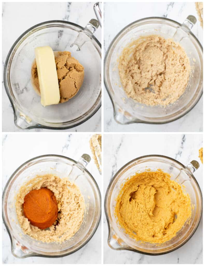 a collage of four pictures showing steps for making pumpkin snickerdoodles. The first shows butter, sugar and brown sugar in a mixing bowl in the second they have been creamed together. In the third pumpkin and vanilla have been added and in the fourth all of the ingredients have been mixed together. 