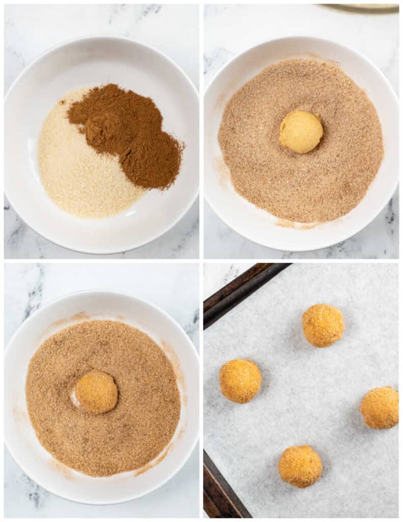 A collage of four pictures showing how to coat pumpkin snickerdoodle dough in a cinnamon sugar mixture. The first picture shows sugar, pumpkin spice and cinnamon on a plate, in the second a ball of dough has been sat in the middle, in the third the ball of dough has been rolled in the cinnamon sugar mixture. In the fourth the balls of dough have been placed on a parchment lined baking sheet. 