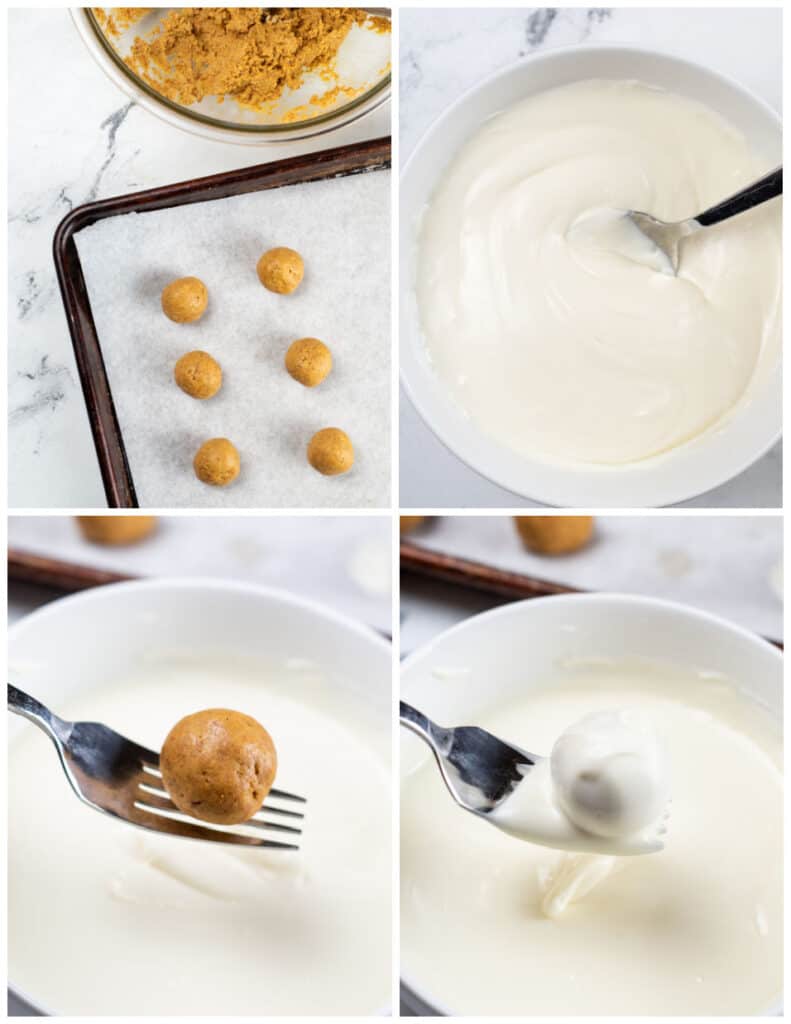 A collage of four pictures showing how to coat pumpkin truffles with white chocolate. In the first picture the filling has been made into balls and placed on a parchment lined cookie sheet. In the second white chocolate chips have been melted until smooth. The third shows one of the pumpkin balls on a fork suspended over the melted white chocolate chips and in the fourth the ball has been dipped and coated with white chocolate. 
