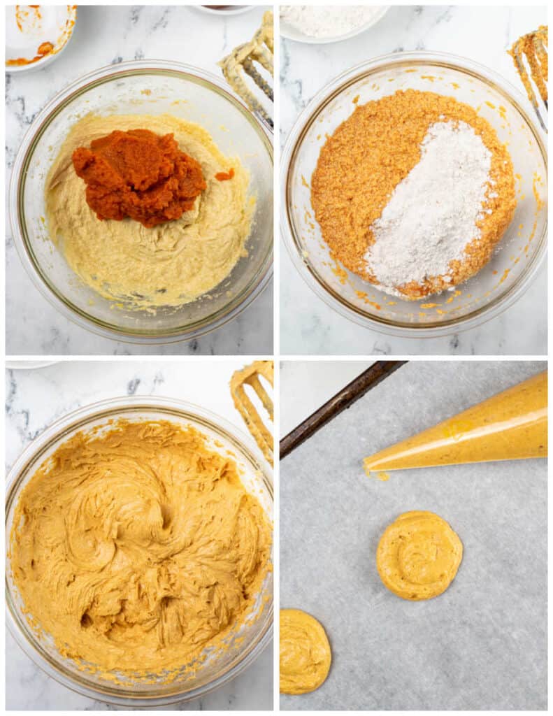 A collage of four pictures showing how to make pumpkin whoopie pies. In the first pumpkin has been added to a sugar and butter mixture. In the second flour has been added to the mixing bowl, the third shows the pumpkin batter in a glass mixing bowl. In the final picture the pumpkin batter has been piped onto a parchment lined baking sheet. 