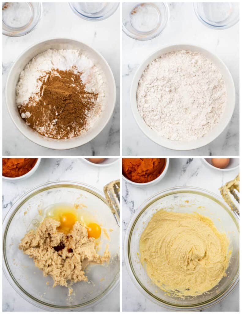A collage showing how to make pumpkin whoopie pies. The first shows a white bowl with flour, salt, baking soda and spices, in the second it has all been blended together. In the third sugar and butter have been creamed together in a glass mixing bowl and eggs have been added. In the fourth picture everything has been blended together. 