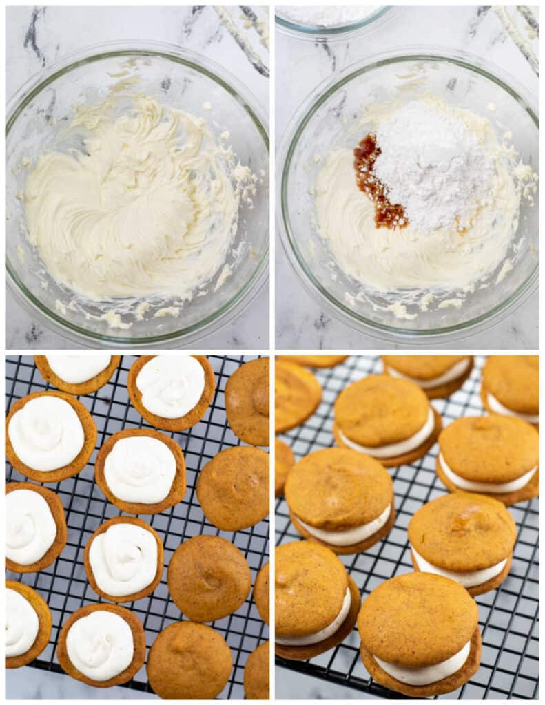 A collage of four pictures showing how to make cream cheese frosting and fill pumpkin whoopie pies. The first picture shows a glass mixing bowl with butter and cream cheese mixed together. In the second vanilla and powdered sugar have been added. In the fourth picture half of the pumpkin cookies have been topped with frosting, and in the third an additional cookie has been placed on top. 