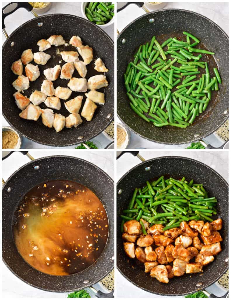 a collage of four pictures showing how to make sesame chicken with green beans. The first picture shows a skillet with browned pieces of chicken in it. In the second the chicken has been removed from the pan and green beans have been added. In the third the sauce ingredients have been added to the pan and in the final picture the chicken and green beans have been added to the sauce. 