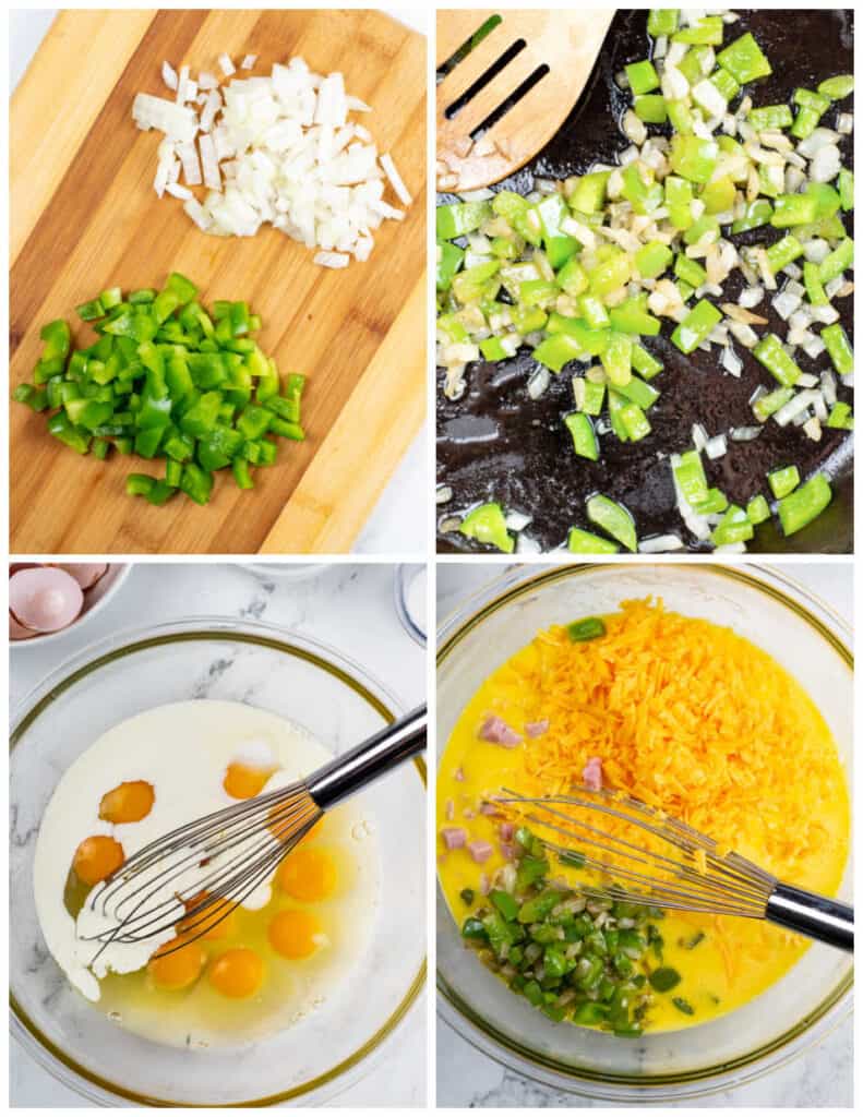 A collage of four pictures showing the steps to make a Denver omelet casserole. In the first diced peppers and onions are on a wooden chopping block, in the second they have been sautéed in a cast iron pan. The third picture shows a glass mixing bowl with eggs and cream in it, in the fourth the eggs have been whisked together and the cooked vegetables, diced ham and shredded cheese have been added. 