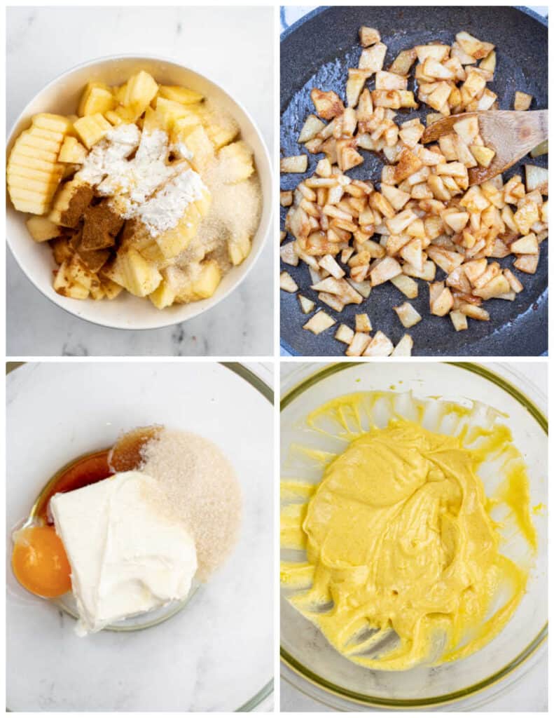 A collage of four pictures showing how to make the apple and cream cheese filling for apple cream cheese coffee cake. The first shows a bowl with chopped apples with corn starch, sugar, and cinnamon on them. In the second picture the apples have been cooked in a skillet. The fourth picture shows cream cheese, sugar, vanilla and an egg yolk in it. In the final picture the ingredients have been mixed together. 