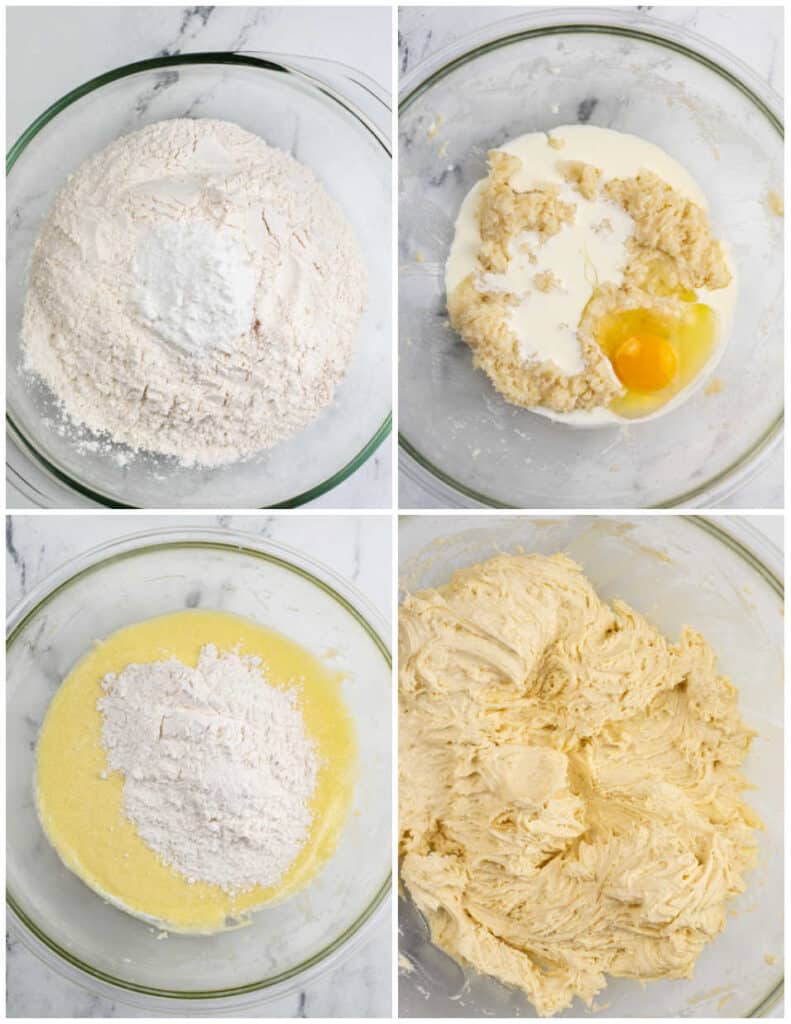 A collage of four pictures showing the steps for making the cake layer for apple cheesecake coffee cake. The first shows a glass mixing bowl with the dry ingredients mixed. In the next pic sugar butter and cream cheese have been mixed in a large glass bowl, in the third the flour mixture has been added to the butter mixture and the final picture shows the finished cake dough. 