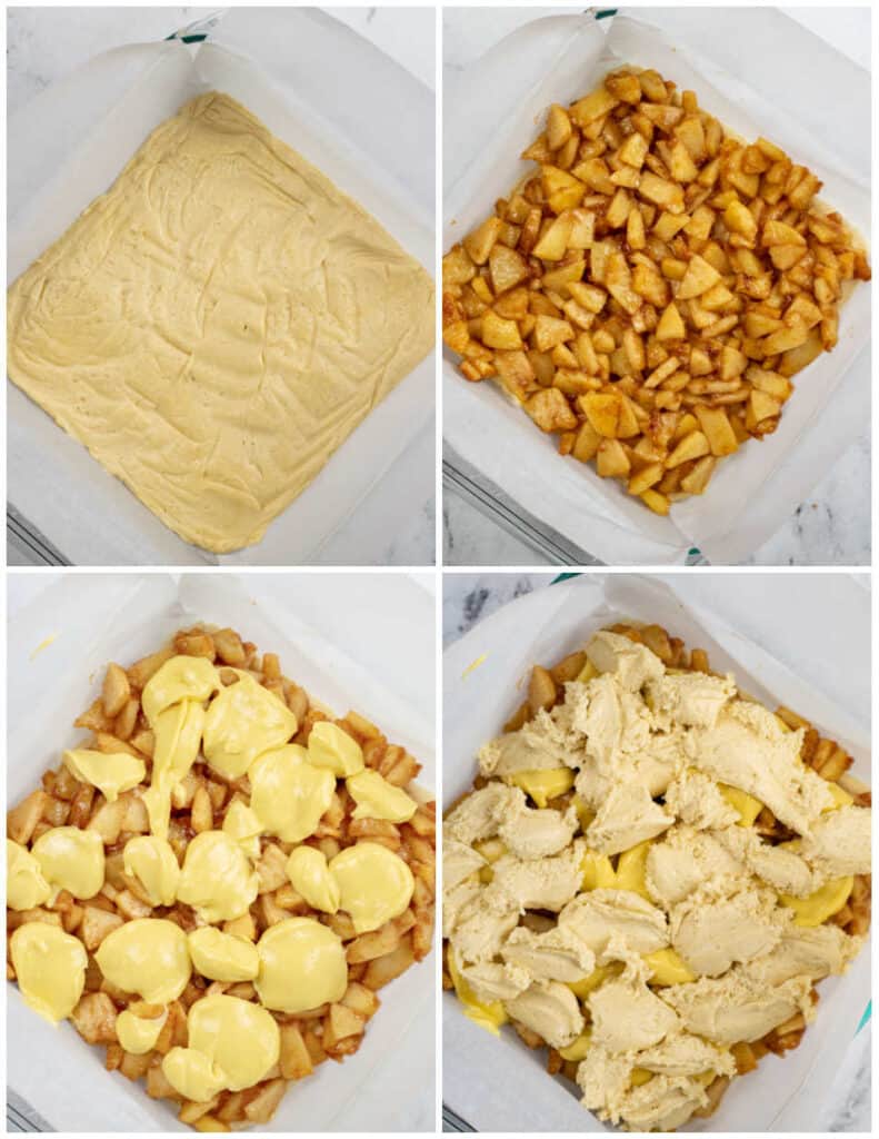 A collage of four pictures showing how to assemble an apple cream cheese coffee cake. The first shows a parchment lined baking pan with cake dough pressed into the bottom, the second shows cooked apples spread over the cake batter, the third shows the cream cheese mixture spread over the apples, and in the final picture cake dough has been dolloped across the top. 