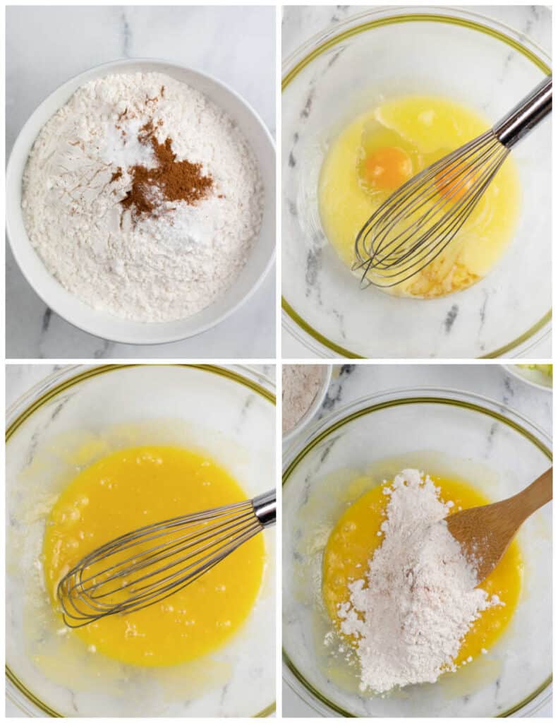 A collage of four pictures showing how to make apple cinnamon muffins. In the first flour, cinnamon, salt, baking soda and baking powder have been place in a small white bowl. In the second eggs, melted butter and vanilla have been placed in a glass mixing bowl. In the third the ingredients have been mixed together and in the fourth some of the flour mixture has been added to the egg mixture. 