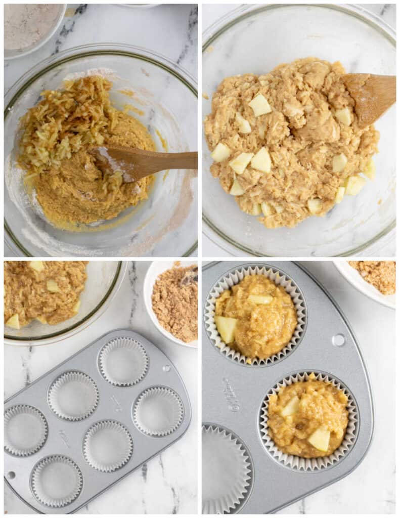 A collage of four pictures showing how to make apple cinnamon muffins. In the first shredded apples have been added to a glass mixing bowl with beige batter in it. In the second apple chunks have been added and mixed in. In the third picture a muffin pan has been lined with paper liners and in the third the liners have been filled with the muffin batter. 