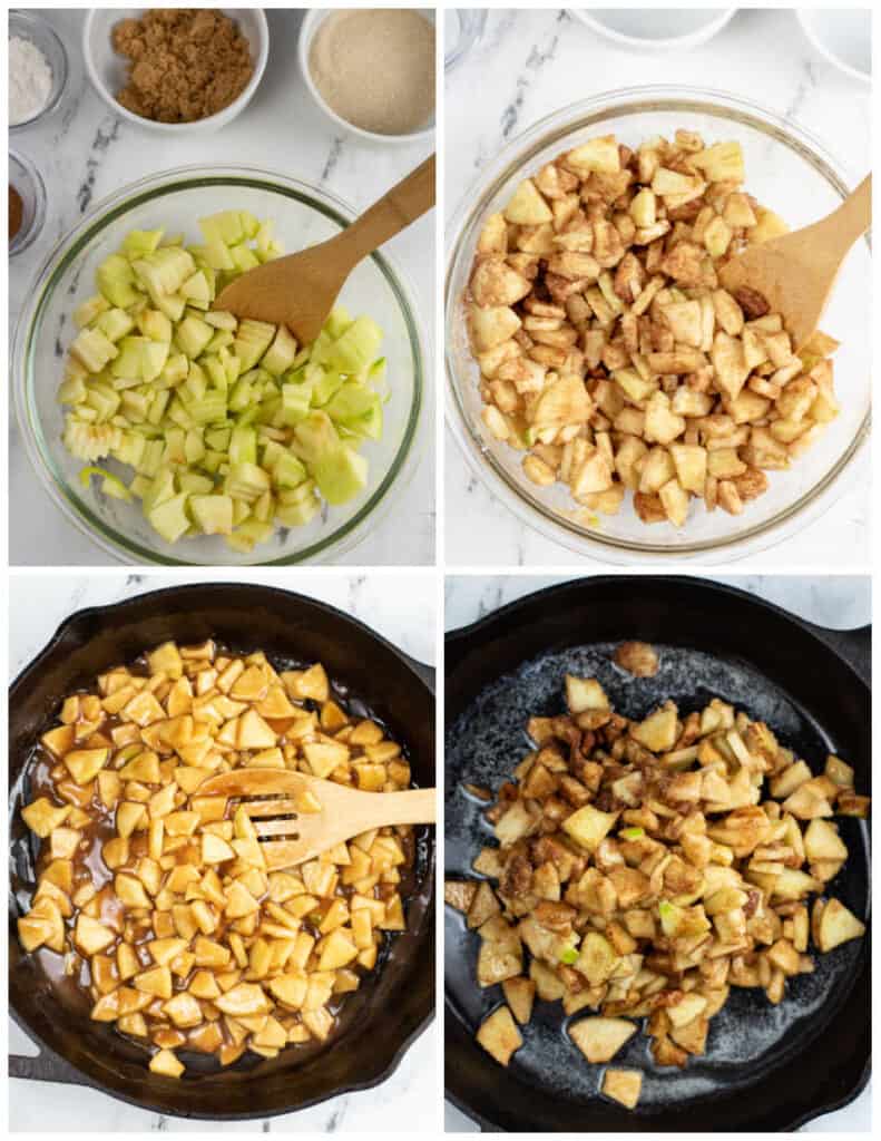A collage of four pictures showing how to make apple pie filling for apple pie cookie cups. The first shows a large glass bowl full of peeled and chopped apples. In the second picture spices and sugars have been added and stirred in. In the third the apples have been placed in a cast iron pan and in the fourth the apples are cooked and carnalized. 