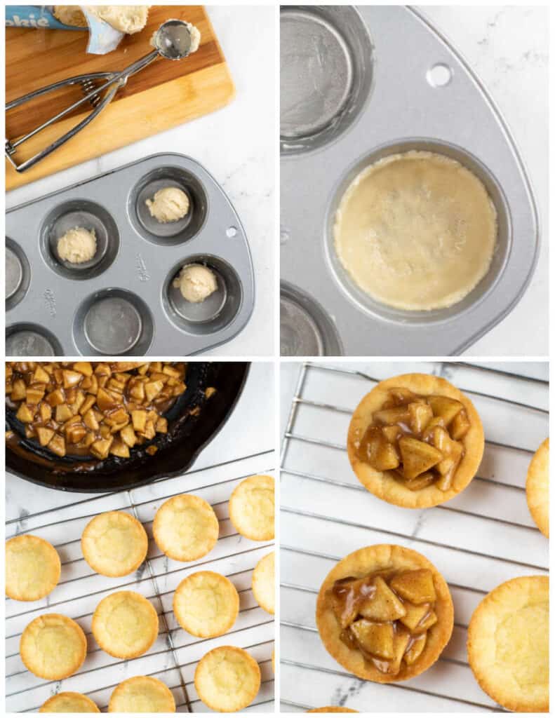a collage of four pictures showing how to make apple pie cookie cups.  In the first sugar cookie dough has been scooped into a muffin pan. In the second the dough has been pressed in the bottom and up the sides of the muffin pan. In the third the baked cookie cups are baked and on a cooling rack. And in the fourth the apple pie filling mixture has been scooped into the sugar cookie cups. 
