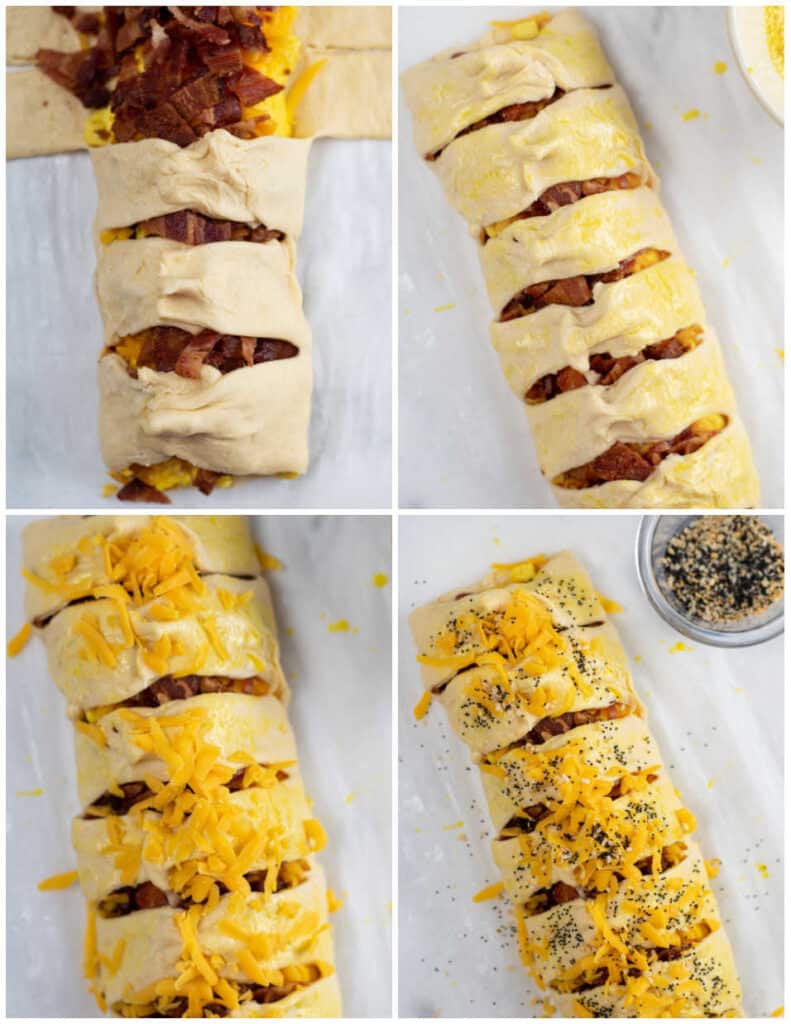 A collage of four pictures showing the assembly of a crescent roll breakfast braid. In the first crescent dough strips have been wrapped around bacon and egg filling. In the second the crescent dough has been brushed with an egg wash. In the third picture the top has been sprinkled with shredded cheddar cheese and in the fourth everything bagel seasoning has been sprinkled across the top. 