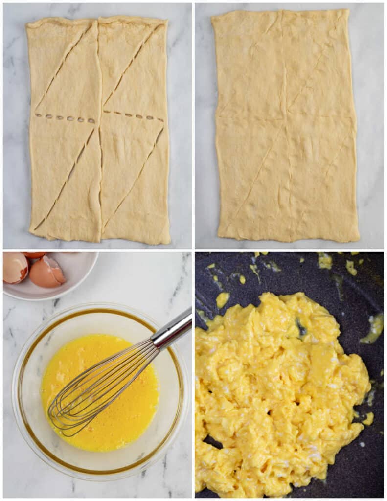 A collage of four pictures showing how to make a crescent roll breakfast braid. In the first crescent roll dough has been rolled out on a piece of parchment paper. In the second the seams have been pinched together to create a sheet of dough. In the third eggs have been whipped together in a glass bowl and in the fourth the eggs have been scrambled in a non stick pan. 