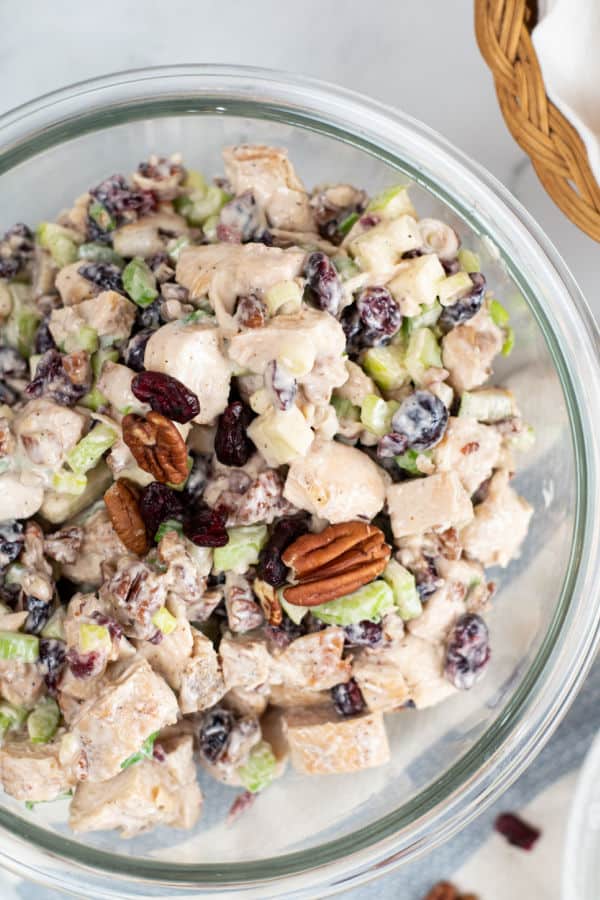 A bowl full of cranberry pecan chicken salad garnished with dried cranberries and pecans. 