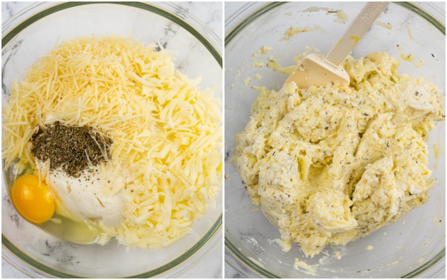 A collage of two pictures showing how to make the cheese filling for lasagna roll ups. The first shows ricotta, parmesan cheese, mozzarella cheese, Italian seasoning, and an egg in a glass mixing bowl. In the second all of the ingredients have been mixed together. 