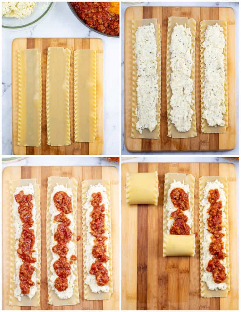 A collage of four pictures showing how to assemble lasagna roll ups. In the first 3 cooked lasagna noodles have been laid on a wooden chopping block. In the second the cheese mixture has been spread down the middle. In the third the cheese has been topped with meat sauce. In the fourth one of the noodles is completely rolled, one is rolled half way and the third is still unrolled. 