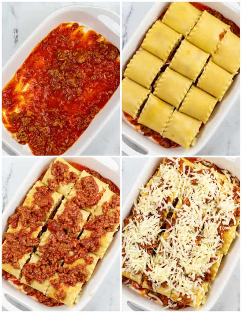 A collage of four pictures showing how to assemble lasagna roll ups in the pan. In the first meat sauce has been spread in the bottom of a white casserole dish. In the second the lasagna rolls have been lined up in the dish. In the third meat sauce has been spread on top of the lasagna rolls and in the fourth it has been sprinkled with mozzarella cheese. 