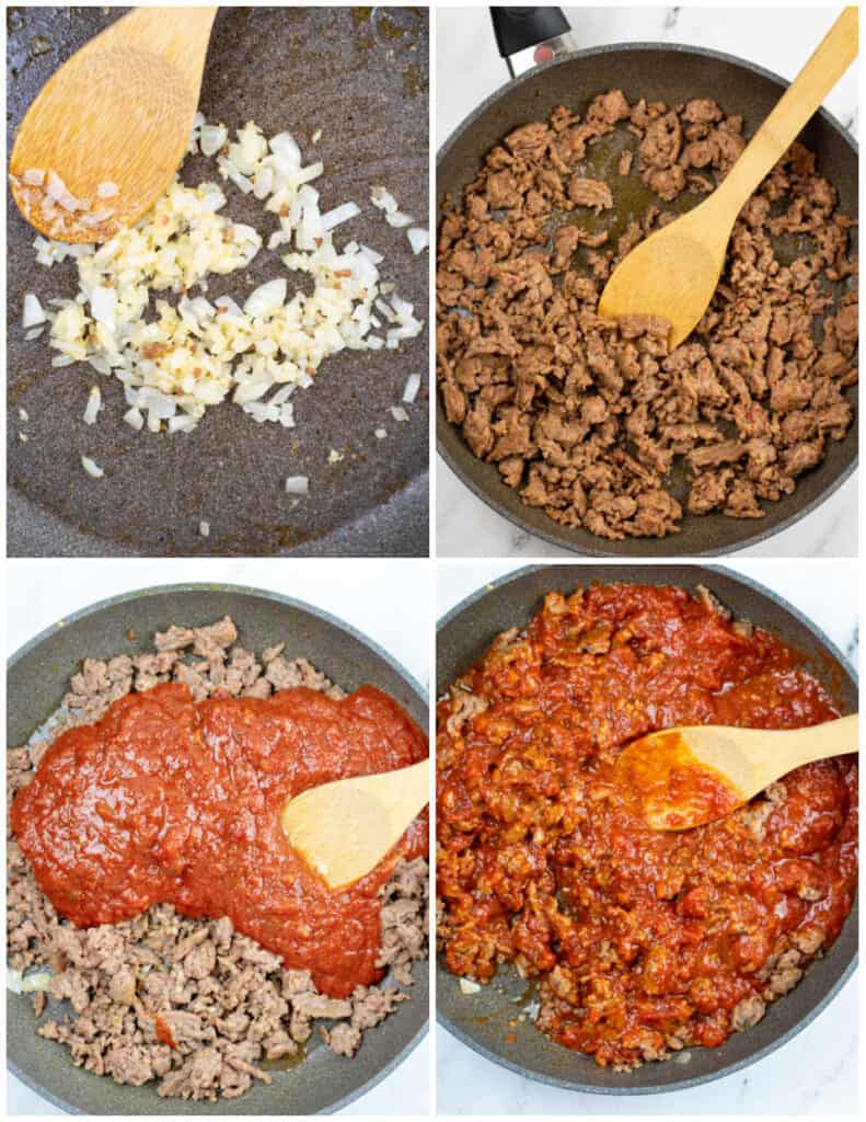 A collage of four pictures showing the steps for making the meat sauce for lasagna roll ups. The first shows a skillet with cooked onions and garlic. In the second Italian sausage has been browned in the skillet, in the third marinara sauce has been added and in the fourth everything has been mixed together with a wooden spoon. 