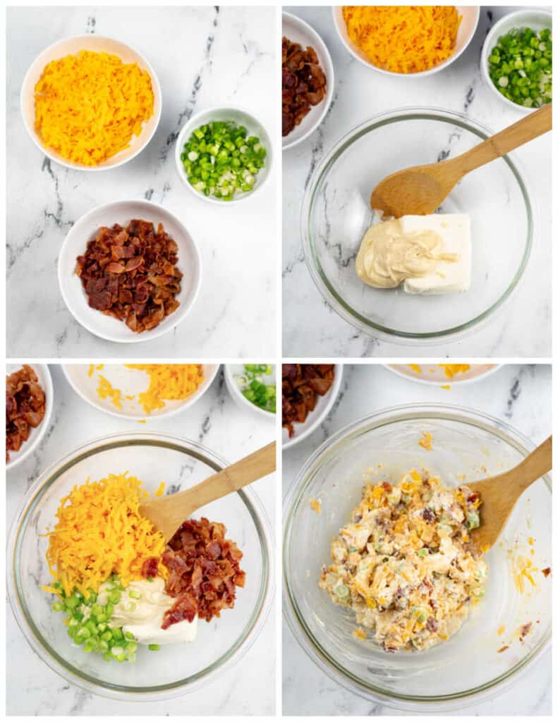 a collage of four pictures showing the steps for making the topping for million dollar chicken. The first shows bacon pieces, sliced green onions and shredded cheddar cheese in white bowls. The second shows a glass mixing bowl with cream cheese and mayo in it. In the third picture the cream cheese and mayo have been mixed and the cheese bacon and green onions have been added. In the fourth all of the ingredients have been mixed together with a wooden spoon. 