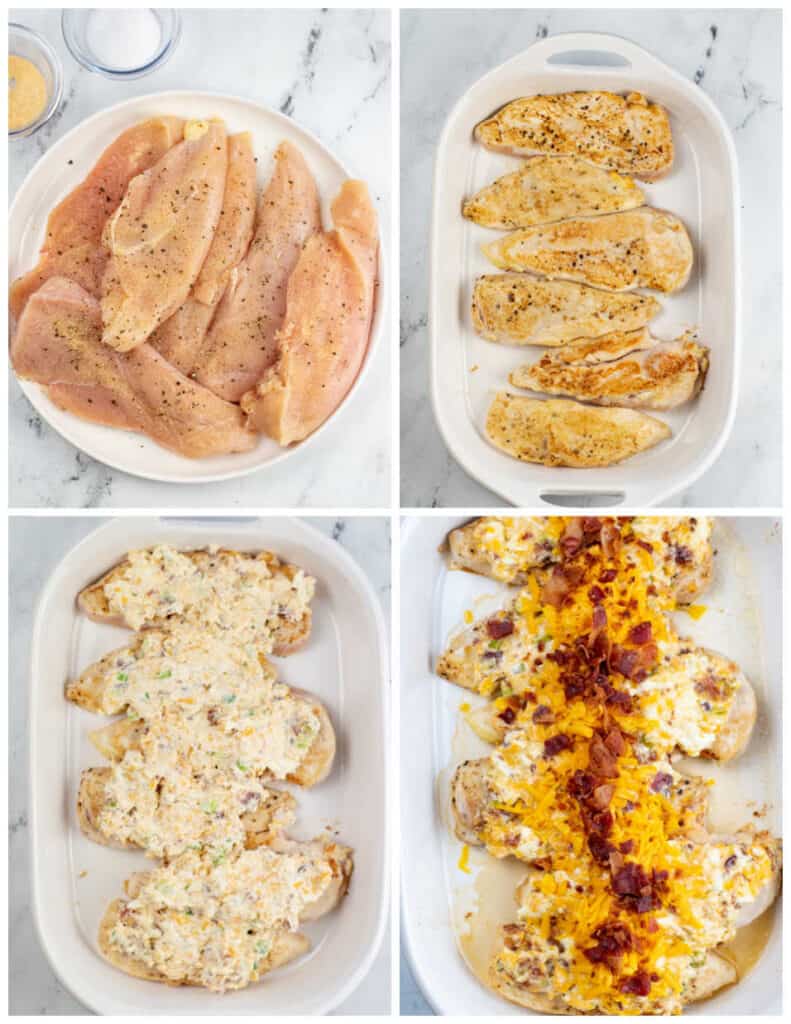 A collage of four pictures showing how to make million dollar chicken. The first shows a white plate with a pile of chicken cutlets. In the second browned cutlets have been placed in a white baking dish. In the third the chicken has been topped with a cream cheese mixture and in the fourth the chicken has been topped with shredded cheddar cheese and bacon pieces. 