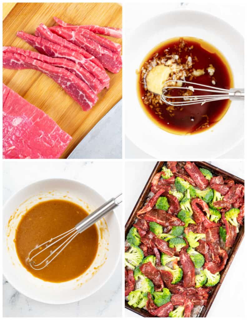 A collage of four pictures showing how to make sheet pan beef and broccoli. In the first flank steak has been sliced thinly. In the second sesame oil, soy sauce, garlic and ginger have been placed in a small white bowl, in the third they have been whisked together. In the final picture the sliced beef and broccoli florets have been spread in a single layer on a baking sheet. 