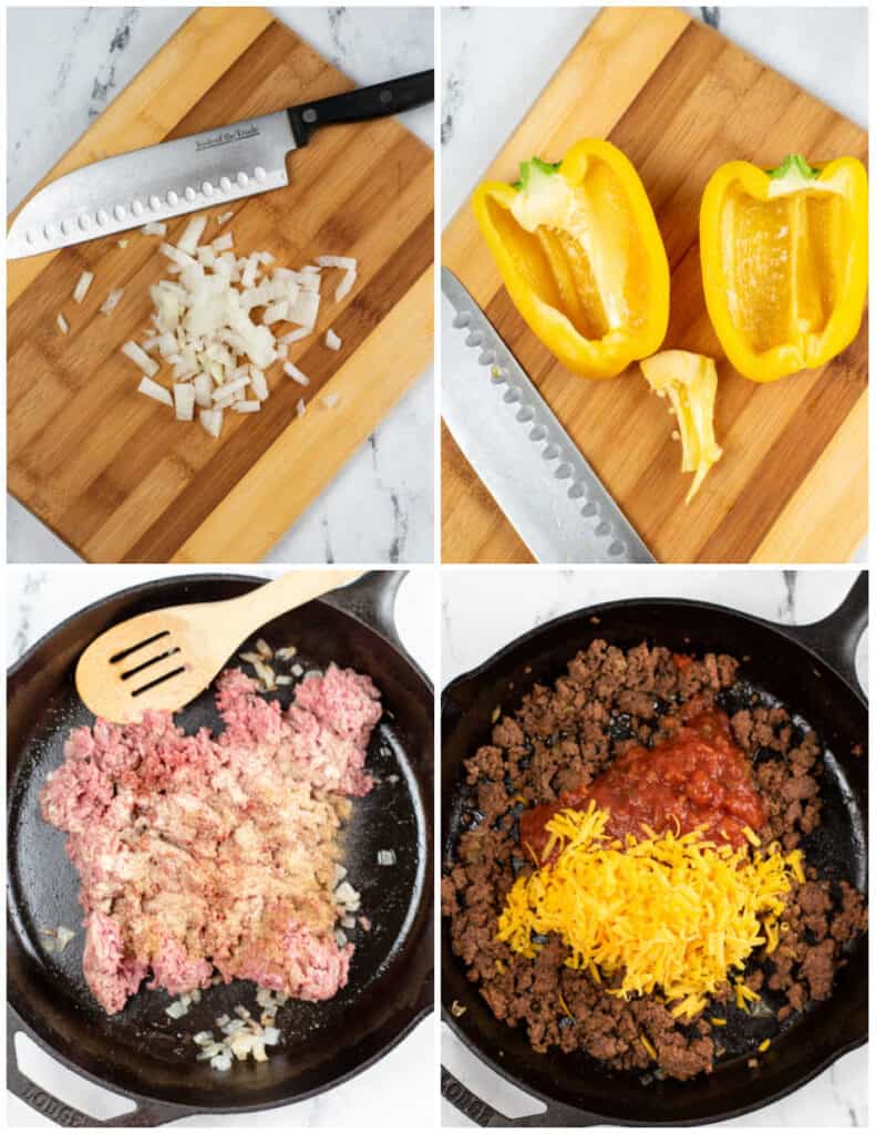 A collage of four pictures showing how to make taco stuffed shells. In the first an onion has been diced on a wooden chopping block.  In the second a yellow pepper has been cut in half lengthwise and the seeds and pith removed. In the third picture meat and spices have been placed in a cast iron skillet. In the final picture the meat is cooked and salsa and cheese have been added to the cooked meat. 