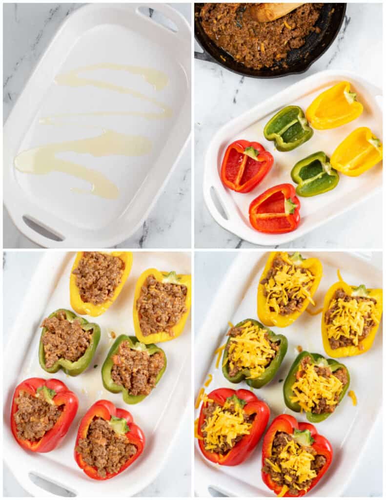 A collage of four pictures showing how to make taco stuffed peppers. In the first olive oil has been drizzled in a white baking pan. In the second yellow, green and red pepper halves have been placed in the baking dish. In the third picture the peppers have been stuffed with a meat mixture and in the fourth they have been sprinkled with shredded cheddar cheese. 