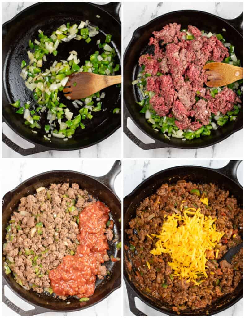 A collage of four pictures showing how to make the filling for taco stuffed shells. The first shows peppers and onions in a cast iron pan with a wooden spoon. In the second picture ground beef has been added. In the third salsa has been added and in the fourth shredded cheese has been added. 