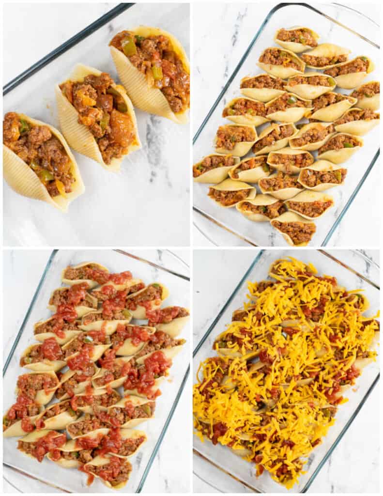 A collage of four pictures showing how to assemble taco stuffed shells. The first is a close of pasta shells stuffed with a meat mixture. The second shows a glass baking pan full of stuffed shells, in the next picture salsa has been poured over the shells and in the fourth they have been sprinkled with shredded cheese. 