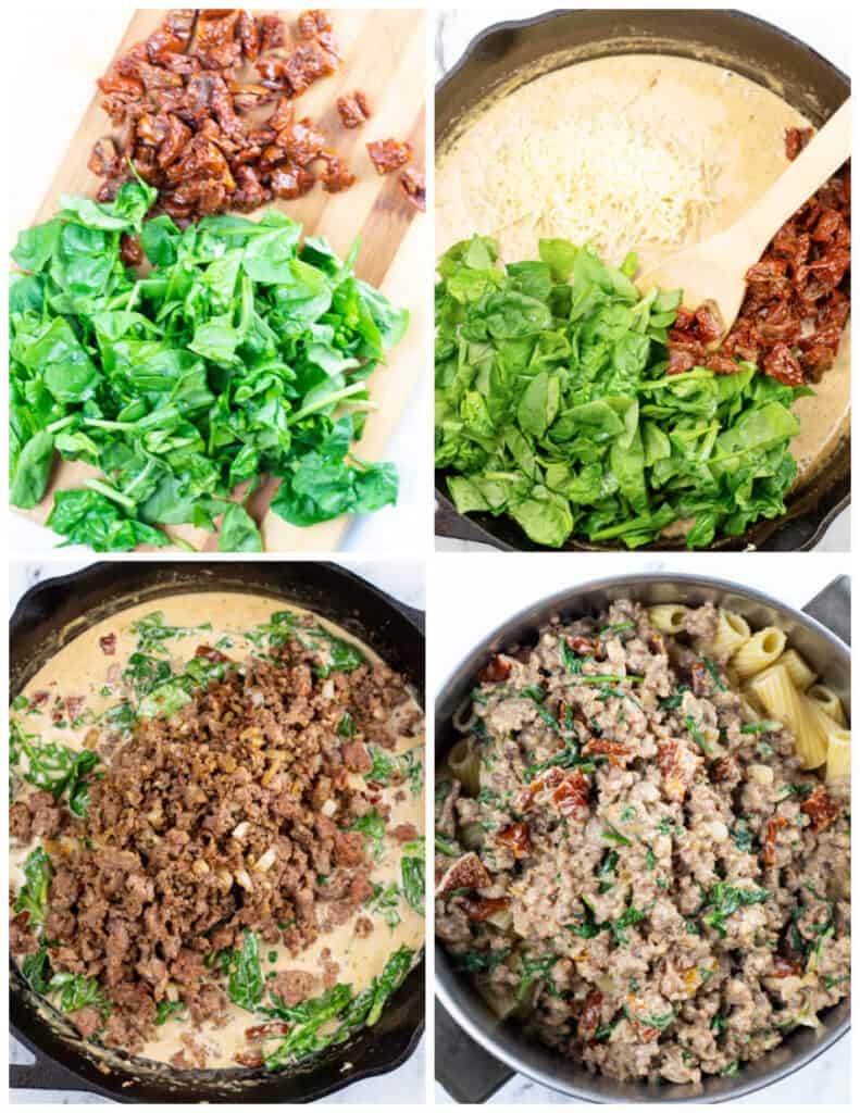 A collage of four picture showing how to make creamy Italian sausage pasta. In the first picture spinach and sun dried tomatoes have been chopped on a wooden chopping block. In the second they have been added, along with grated parmesan cheese to a cream sauce. In the third cooked and crumbled Italian sausage has been added and in the fourth the mixture has been poured on top of cooked rigatoni