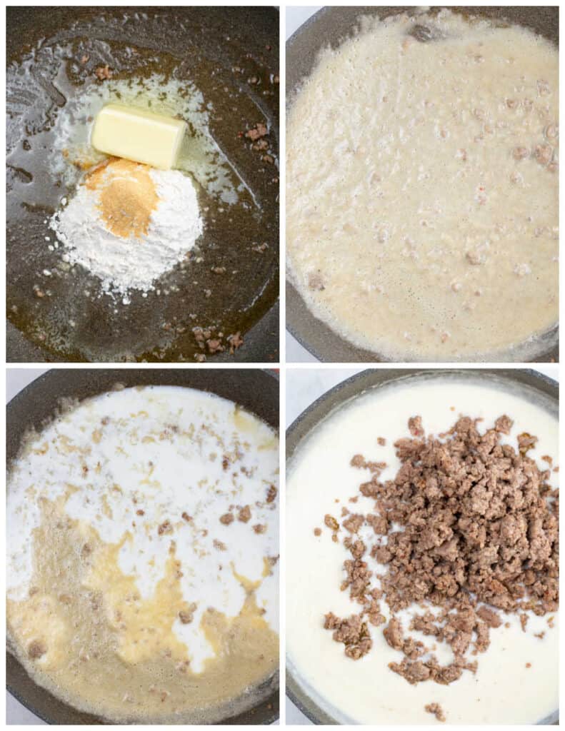 A collage of four pictures showing how to make sausage gravy. In the first butter, garlic powder and flour have been added to a skillet that has sausage drippings in it. In the second picture they have been cooked together and are bubbly and golden brown. In the third picture milk has been added and in the fourth cooked crumbled sausage has been added. 