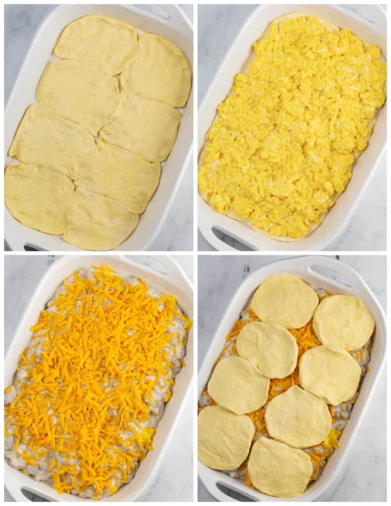 A collage of four pictures showing how to assemble a sausage biscuits and gravy casserole. In the first biscuit dough has been pressed into the bottom of a 9x13 baking dish. In the second scrambled eggs have been layered on top. In the third sausage gravy and shredded cheese have been layered on top of the eggs and in the fourth the casserole has been topped with more biscuit dough. 