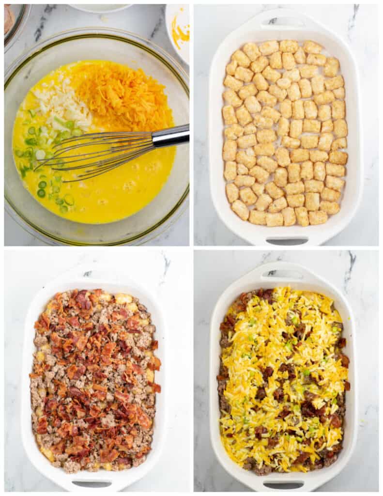 A collage of four pictures showing how to make a breakfast tater tot casserole. The first shows eggs, green onions and shredded cheese mixed together. In the next tater tots line the bottom of a baking dish, in the third sausage and bacon has been layered over the tater tots and in the fourth the egg mixture had been poured over the meat. 