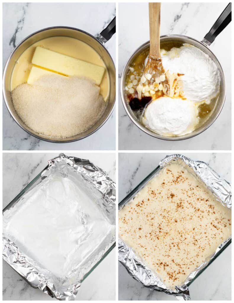 a collage of four pictures showing how to make eggnog fudge. In the first picture butter, sugar and eggnog have been placed in a saucepan, in the second vanilla, marshmallow fluff, nutmeg, and white chocolate chips have been added. The third picture shows a square baking pan lined with aluminum foil and buttered, in the fourth the fudge mixture has been poured into the pan. 