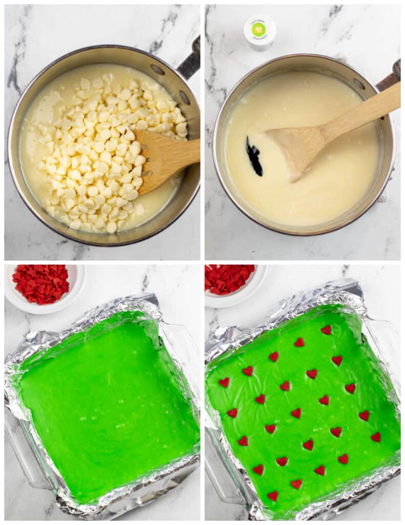 A collage of four pictures showing how to make Grinch fudge. The first shows a saucepan with sweetened condensed milk and white chocolate chips. In the next picture the chocolate chips are melted and green food coloring has been added. In the third picture the green fudge mixture has been placed in a foil lined pan and in the final pic red heart shaped sprinkles have been placed on the green fudge 