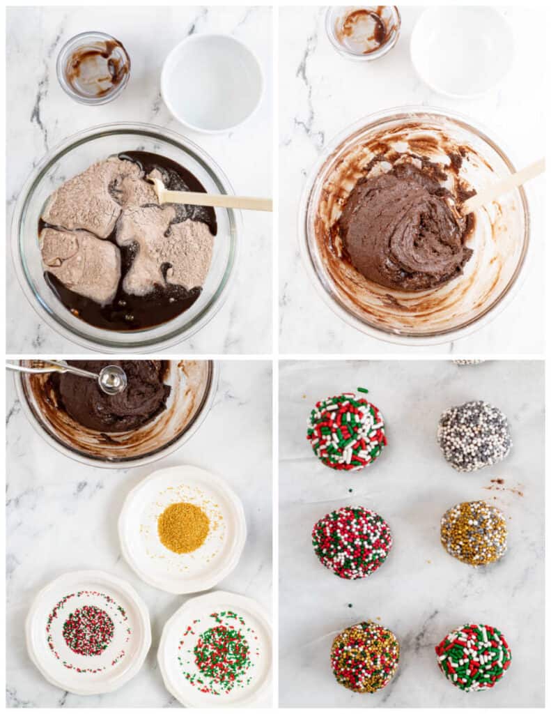 A collage of four pictures showing how to make Christmas brownie truffles. The first shows a glass mixing bowl with brownie mix, chocolate syrup, corn syrup and water. In the second all of the ingredients have been mixed together. In the third sprinkles have been placed in a shallow container next to the brownie mixture. In the fourth balls of the brownie mixture have been rolled in sprinkles. 