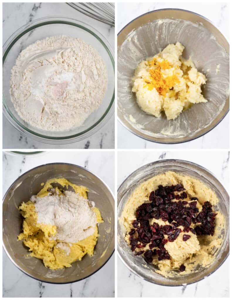 A collage of four pictures showing how to make cranberry orange cookies. In the first picture flour, salt, baking powder and baking soda have been combined in a small bowl. In the second butter and sugar have been creamed together in a mixing bowl and orange juice and zest have been added, in the third the dry ingredients have been added to the butter mixture, and in the final picture dried cranberries have been added to the cookie dough. 